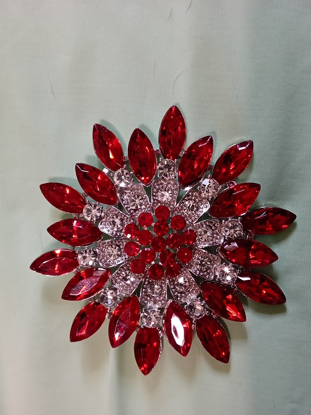Red Crystal Rhinestone Floral Brooch